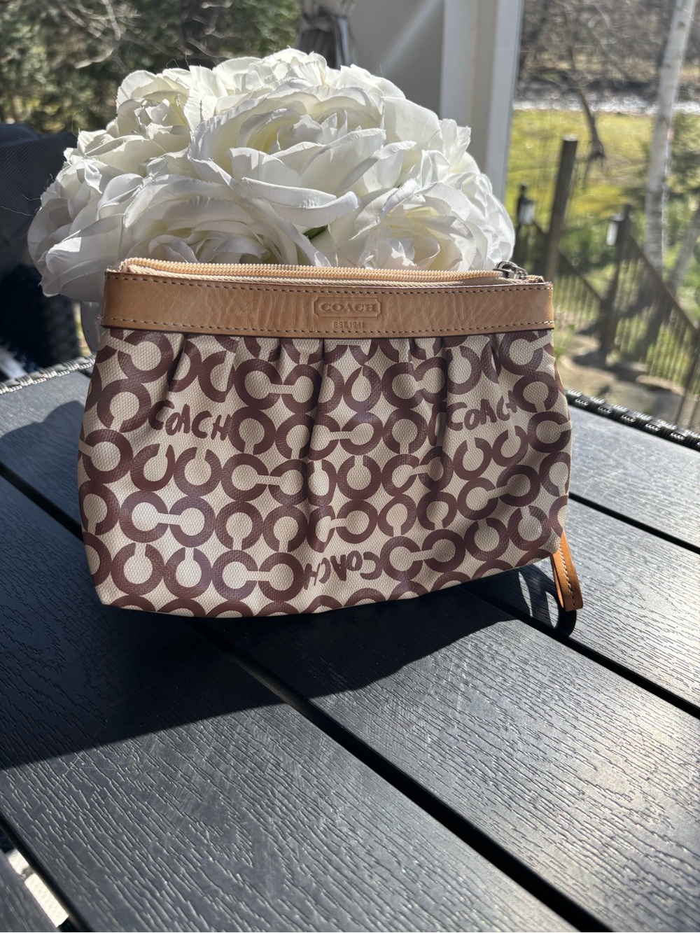 Vintage Coach Signature Print Beige and Brown Cosmetic Pouch